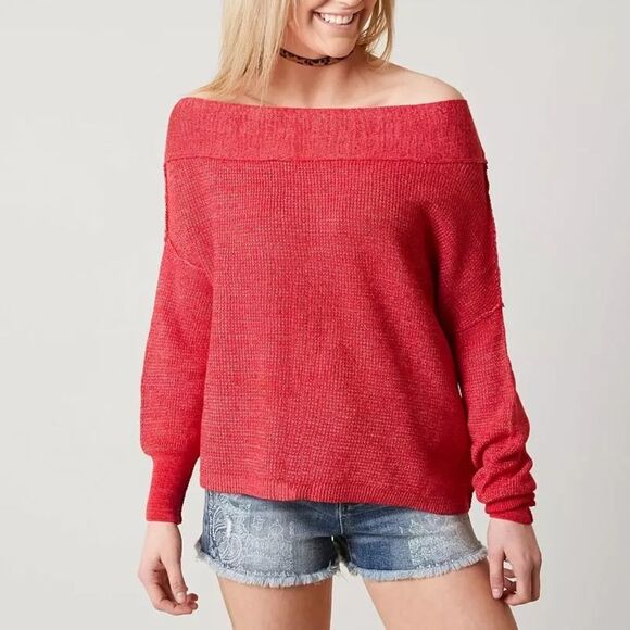 Free People Alana Sweater Off-Shoulder Linen Blend Knit Pullover Red Size M Boho - Picture 1 of 9